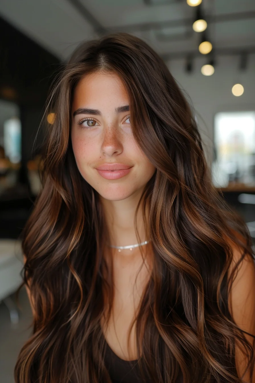Long, tousled layers meet rich espresso tones with a hint of chestnut balayage, creating a natural depth that catches the light beautifully. The face-framing layers soften the overall look, while the seamless blend of dark and warm hues makes this style both striking and effortlessly chic.