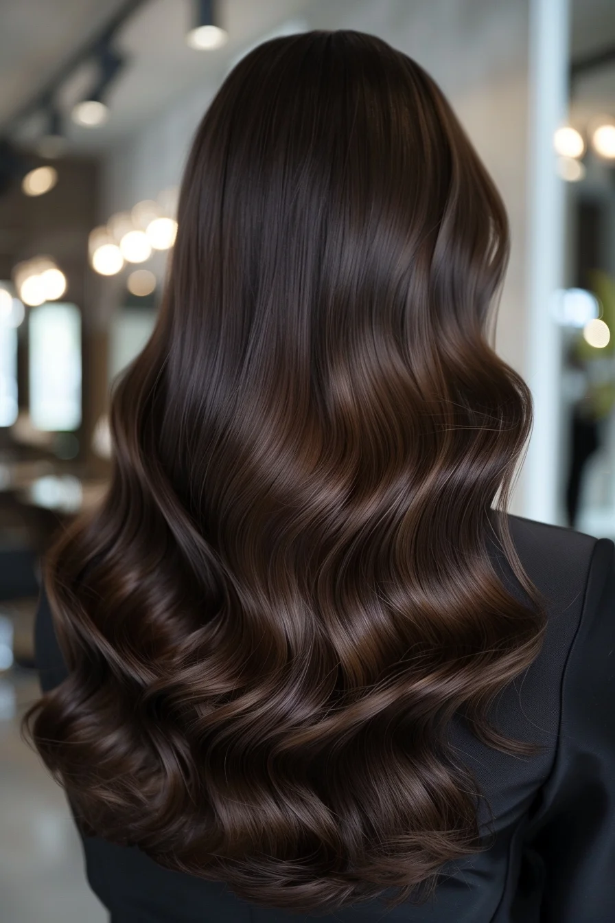 Sleek, glossy waves showcase the depth of espresso brown in a stunning, polished style. The smooth, reflective finish highlights the rich color, while the soft, cascading curls add an element of softness and movement, creating a timeless and sophisticated appearance that’s all about understated glamour.