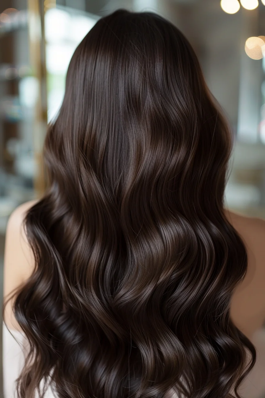 Lush, voluminous waves flow in an espresso shade that’s as rich as freshly brewed coffee. The hair is styled in large, uniform waves that bounce with every move, enhancing the shine and depth of the color. The even tone throughout provides a sleek and cohesive look that’s both bold and refined.