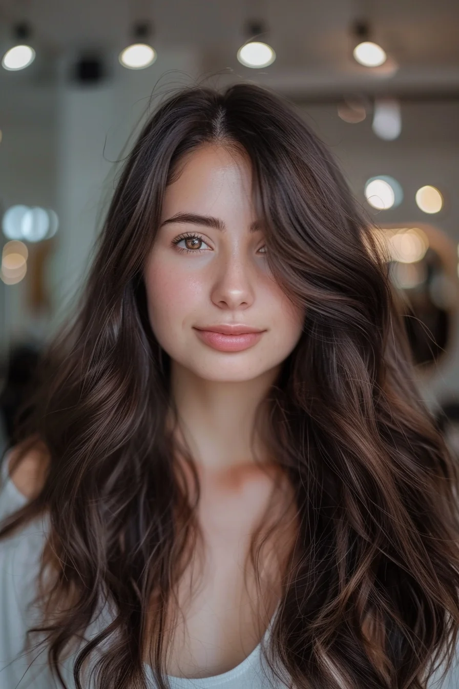 Loose waves are expertly styled to bring out the deep, rich espresso hues, complemented by a subtle sheen that reflects light for a glossy finish. This hairstyle balances softness and structure, with layers that fall gently around the shoulders, creating an effortless, yet polished vibe perfect for any setting.