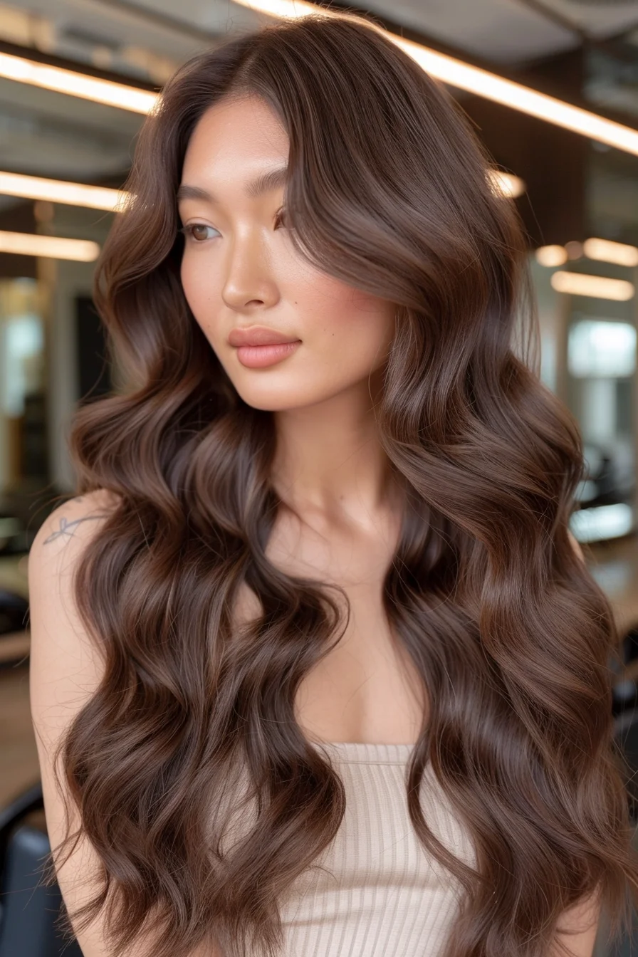 Featuring large, loose waves that fall elegantly past the shoulders, this espresso brown hair blends seamlessly with soft curls for a sophisticated yet approachable vibe. The deep, rich hue and full, luscious silhouette radiate with a healthy, vibrant shine.