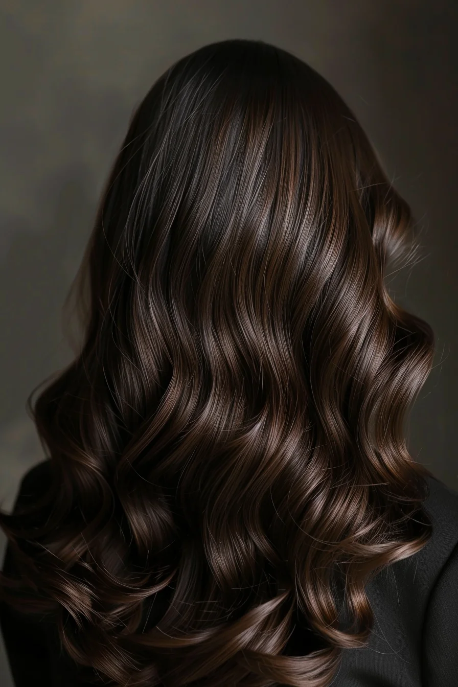 A deep espresso shade flows into soft, touchable waves, each curl defining the color’s richness and depth. The styling focuses on enhancing natural texture with a glossy, healthy sheen, making the hair look full and vibrant. This approach keeps the color uniform and stunning, ideal for a classic, modern look.