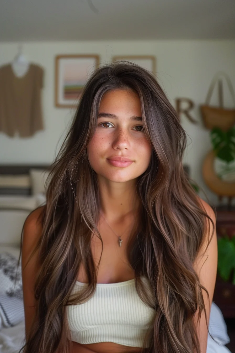 Long, tousled waves cascading past the shoulders bring a relaxed, effortless vibe to this look. The espresso brown color adds depth with subtle variations in tone, giving the hair a natural sun-kissed effect. It's a style that feels both carefree and polished, perfect for everyday glam with a hint of edge.