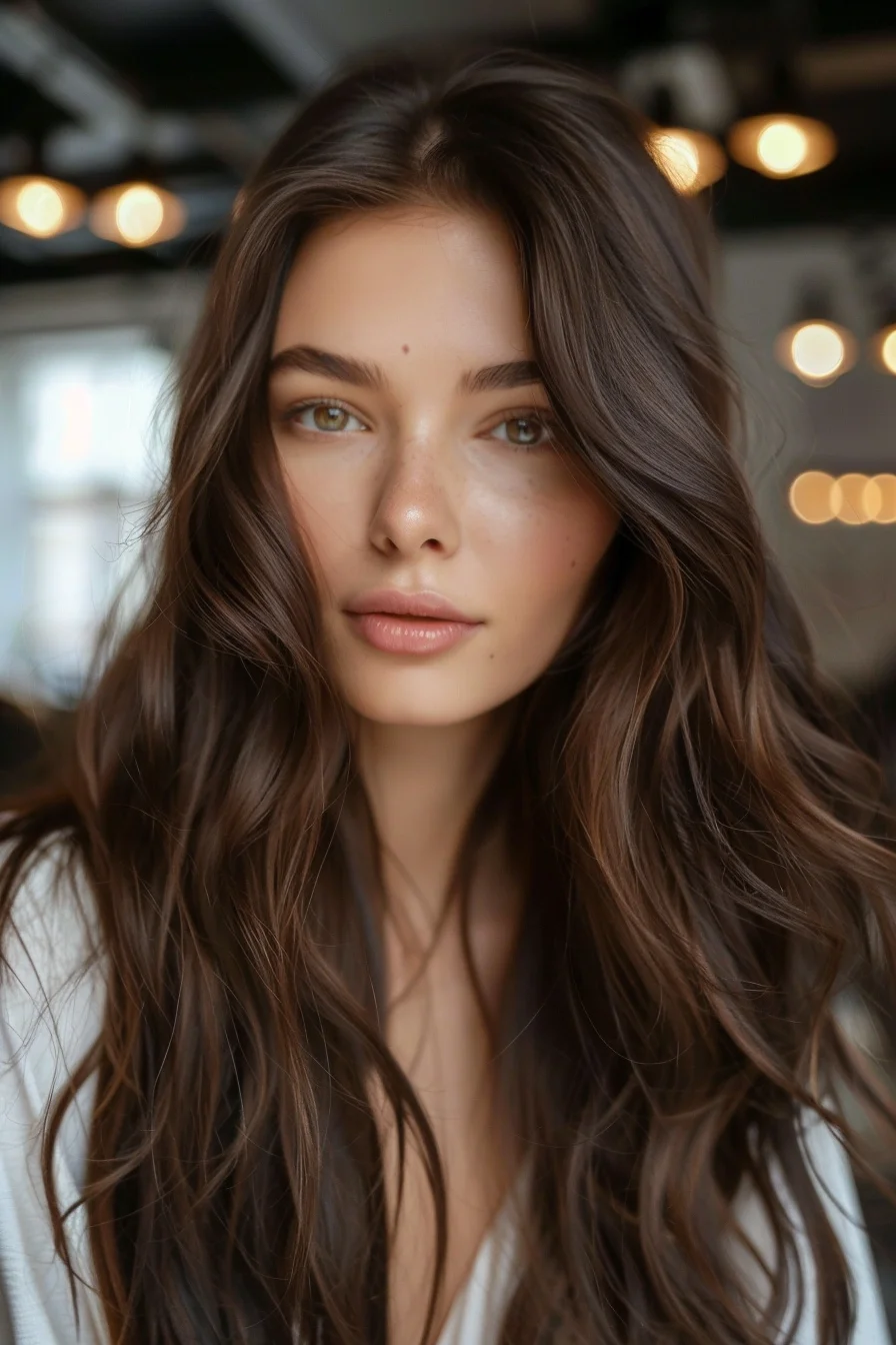 This style features loose, voluminous waves that effortlessly frame the face, creating a soft and romantic silhouette. The rich espresso shade, with its barely-there highlights, captures light beautifully, adding a touch of warmth and dimension. Perfect for those seeking a refined yet laid-back vibe.