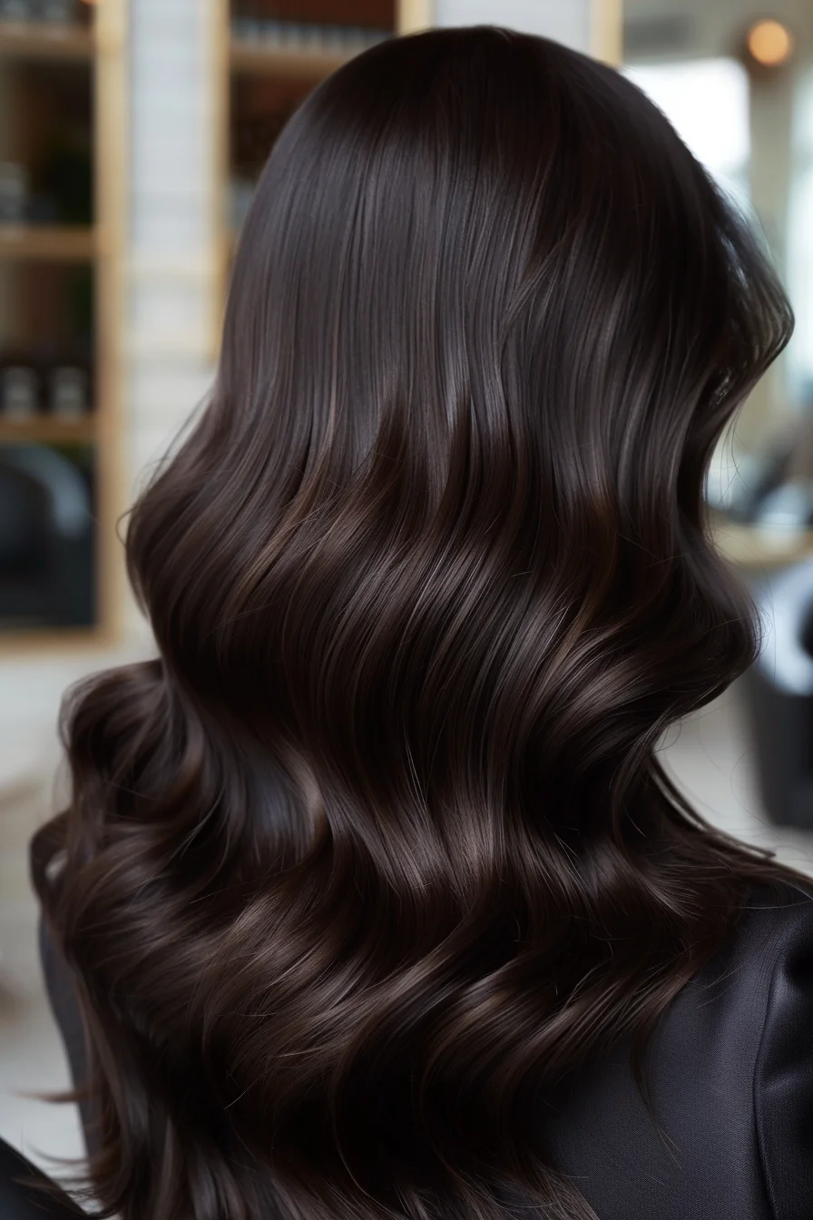 Sleek and silky, this style showcases beautifully polished waves that flow seamlessly down the back. The deep espresso color is pure and rich, with a glossy finish that exudes luxury. It's a timeless look that emphasizes healthy, shiny hair with minimal styling but maximum impact.