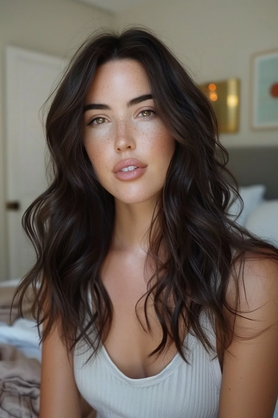 Soft waves with a slightly undone texture give this look a casual yet chic appeal. The deep brown hue is accented by barely-there highlights, adding just enough contrast to keep it interesting without overpowering the natural beauty of the color. Ideal for those who love a mix of elegance and ease.