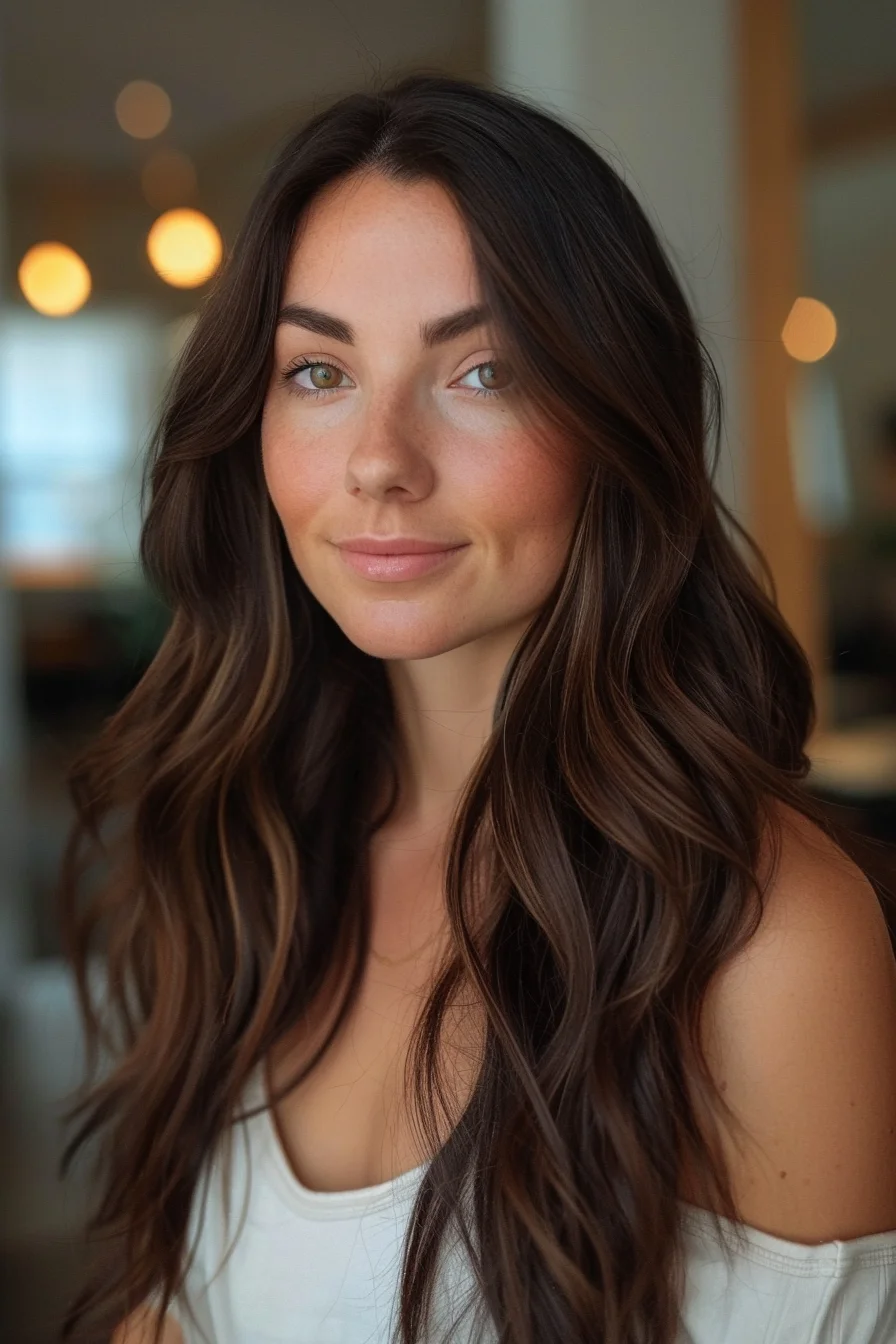 This look combines soft, cascading waves with a deep espresso brown color that enhances the natural shine and movement of the hair. The mid-length cut allows for versatility in styling, while the subtle layering adds body and bounce, making it a great choice for an effortlessly sophisticated appearance.