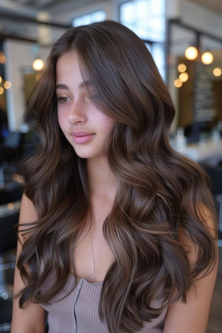 Gentle waves create a beautiful flow that softly frames the face in this understated, yet captivating hairstyle. The deep espresso tone, enriched with subtle hints of lighter brown, provides a touch of warmth that complements a range of skin tones. A go-to style for those looking for a simple, yet refined look.