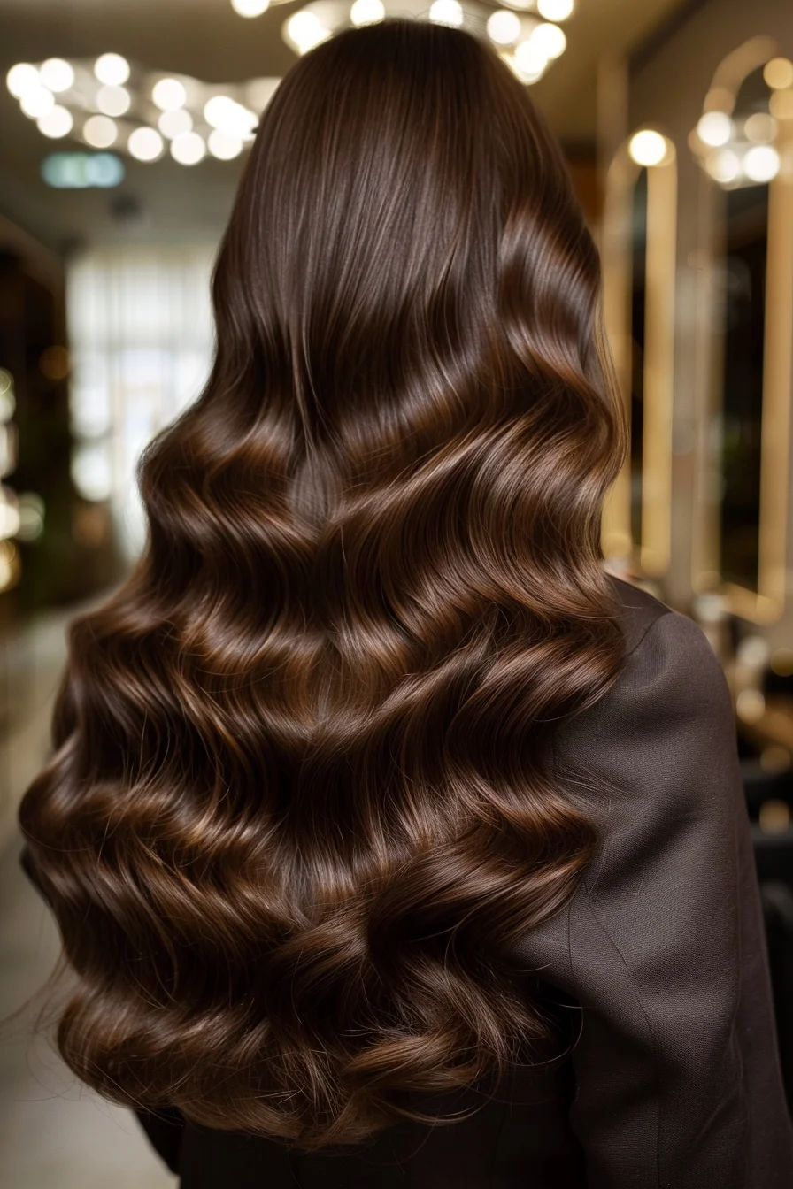 A stunning back view highlights the wave pattern of espresso brown hair, focusing on the rich, uniform color for a cohesive and polished look. Defined, flowing waves add a sense of movement and grace, perfect for those who love a classic touch in their hair.