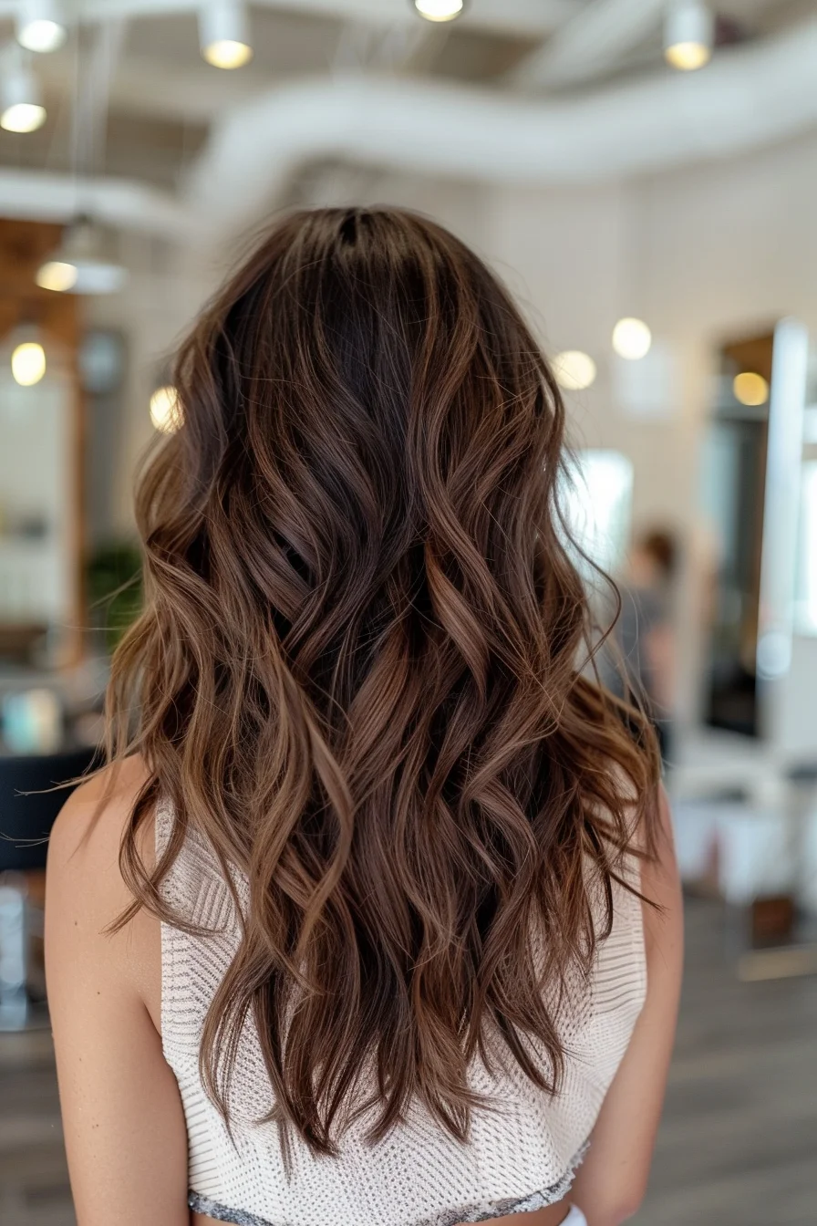 A modern twist on the classic wave, this style features subtle layers that add texture and volume. The espresso brown color is enriched with delicate highlights for a sun-kissed effect without overpowering the deep tone. It’s versatile and fresh, ideal for both casual and formal settings.