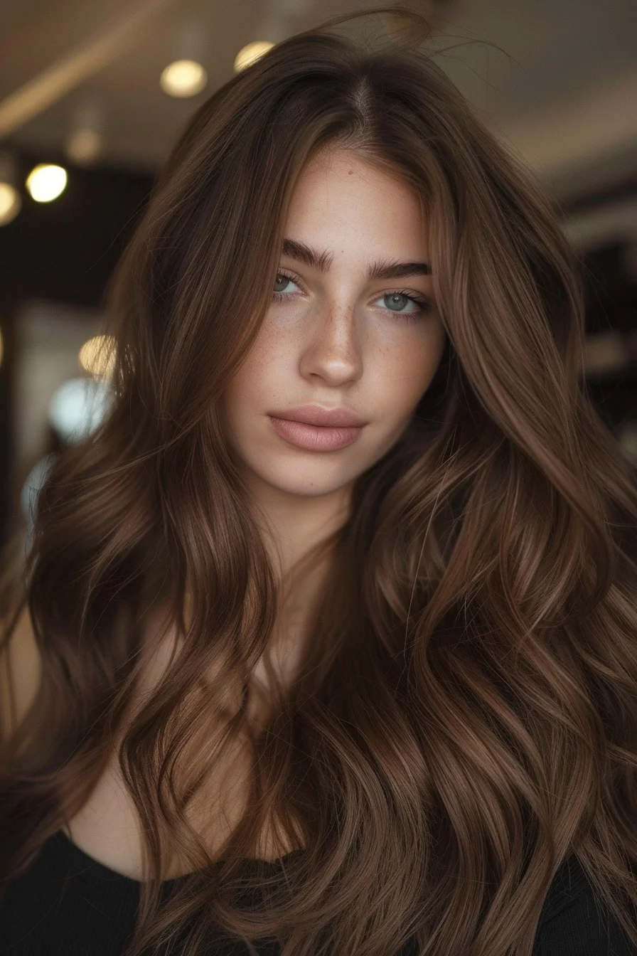 Loose waves with a slightly tousled, lived-in feel capture a relaxed approach to espresso brown hair. The vibrant color is complemented by hints of lighter browns peeking through, offering a natural yet polished look. Perfect for a low-maintenance yet chic appearance that’s effortlessly stylish.