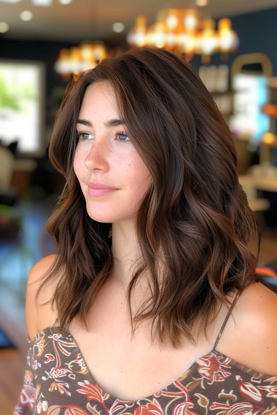A shoulder-grazing cut with soft waves and a middle part creates a relaxed yet polished look. The espresso brown color adds depth, with hints of subtle highlights peeking through, enhancing the texture. Perfect for those wanting a natural and effortlessly chic vibe that’s both versatile and stylish.