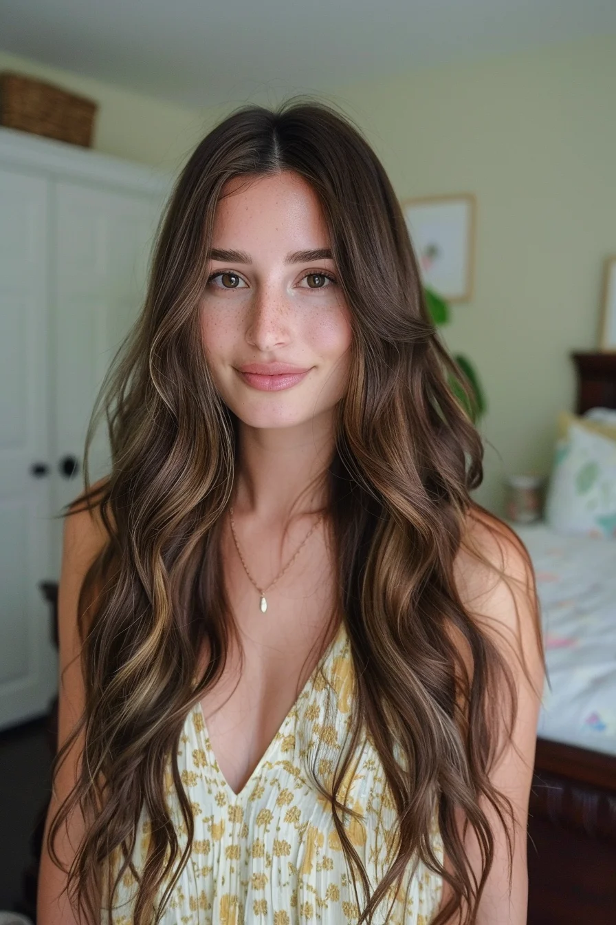 Long, flowing waves in a deep espresso brown bring a touch of elegance with a youthful twist. Soft, face-framing layers and lighter accents add dimension and movement, making the hair look fuller and more voluminous. It’s a dreamy, laid-back style that feels fresh and easy-going, perfect for any occasion.