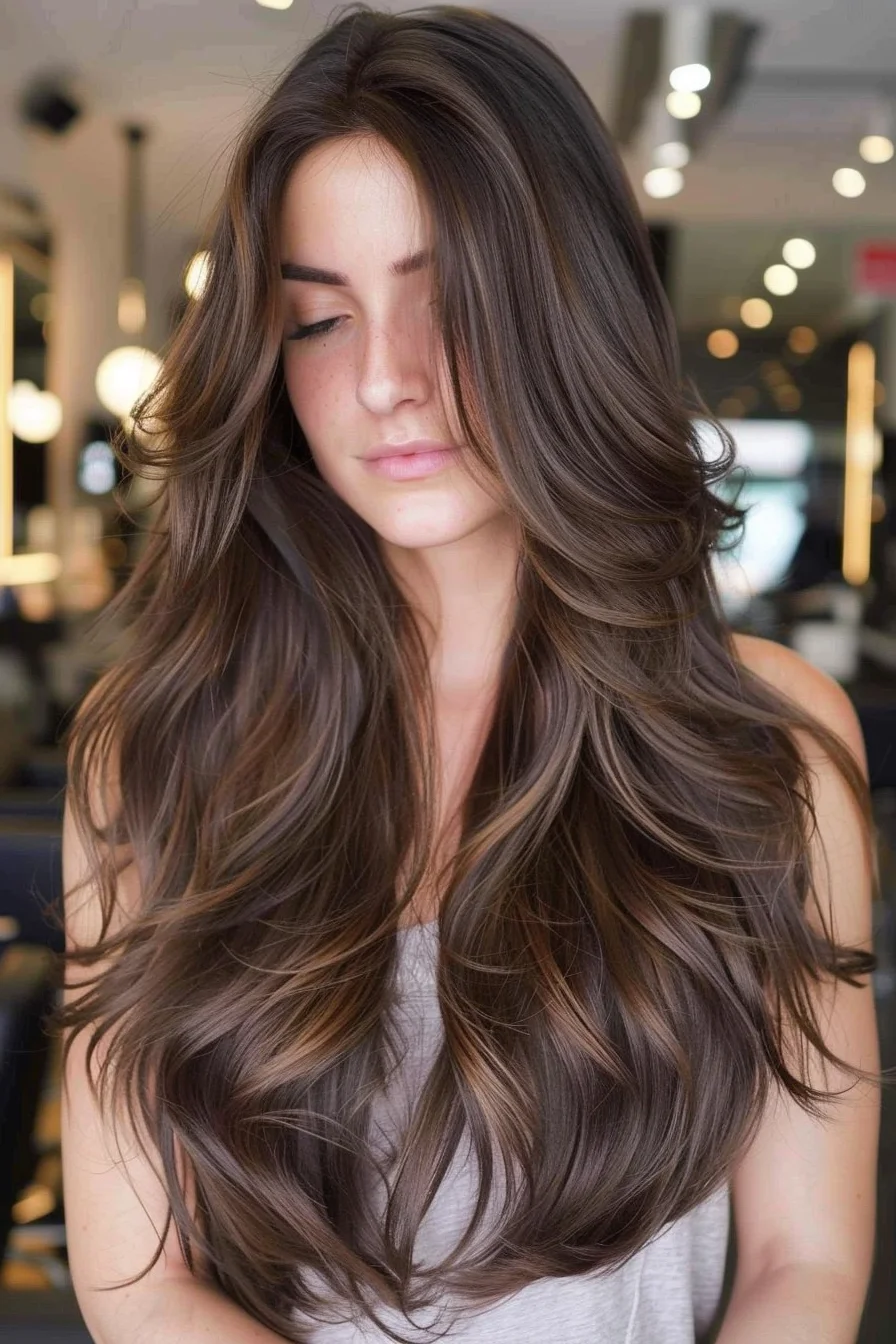 Voluminous waves cascading in layers give this espresso brown hair a luxurious feel. The darker base color is lifted by delicate, lighter streaks, adding a sun-kissed effect that looks both natural and refined. The style beautifully balances volume and softness, creating a flowing and effortless silhouette.