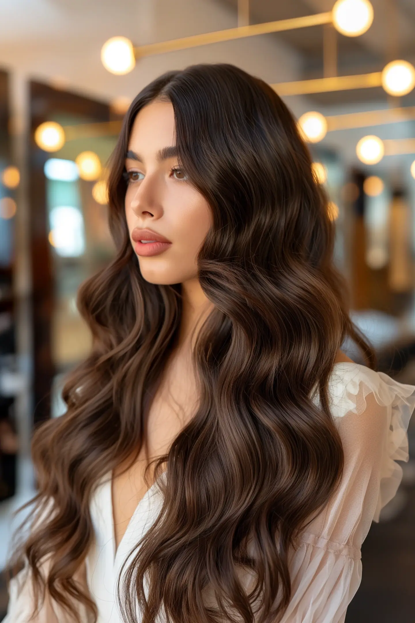 Rich chocolate waves cascade in soft, luxurious curls, creating a voluminous yet polished look perfect for fall. The deep brunette hue adds warmth, while the subtle shine enhances the hair’s natural texture, making it ideal for a cozy, chic season vibe.
