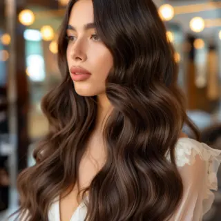 Rich chocolate waves cascade in soft, luxurious curls, creating a voluminous yet polished look perfect for fall. The deep brunette hue adds warmth, while the subtle shine enhances the hair&rsquo;s natural texture, making it ideal for a cozy, chic season vibe.
