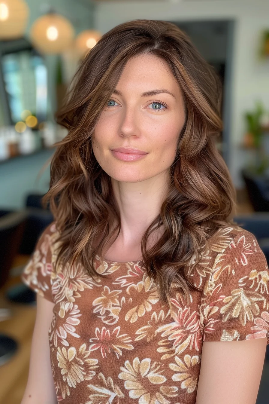 A mid-length cut with loose curls brings movement and texture to this soft chocolate brown shade. Subtle highlights woven throughout add depth, making the hair appear fuller and more vibrant—ideal for those seeking a low-maintenance yet stylish fall update.