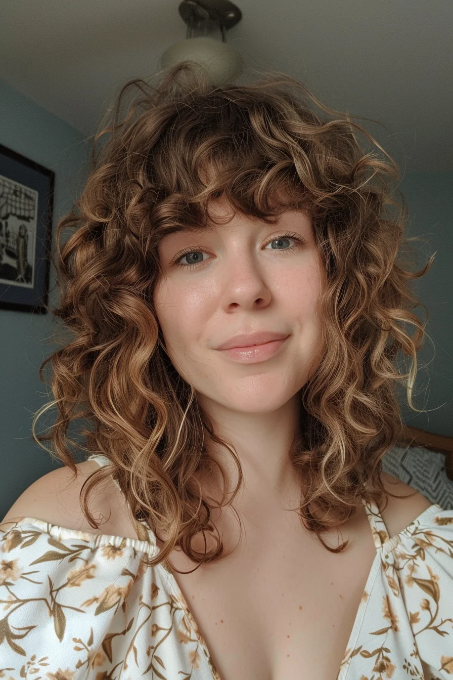 Lively and youthful, this look showcases bouncy curls that are full of personality. The warm caramel hue complements the natural curl pattern, creating a playful and carefree style that’s perfect for embracing the cozy and relaxed spirit of the season.