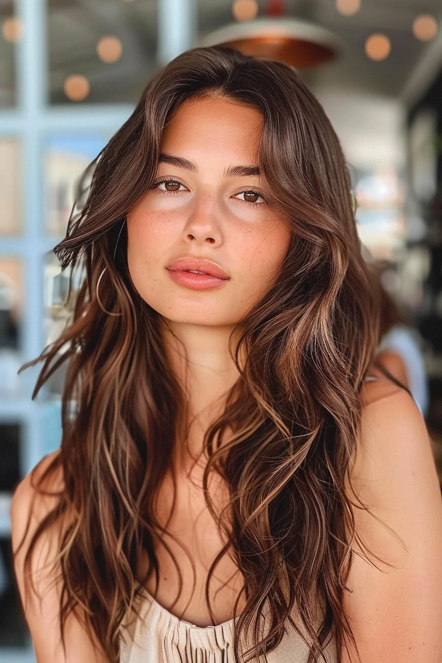 Long, textured waves with a rich chestnut base are beautifully enhanced by lighter, barely-there balayage highlights. The soft curls add a touch of casual glam, making it a go-to style for those wanting a versatile and effortless fall hair transformation.