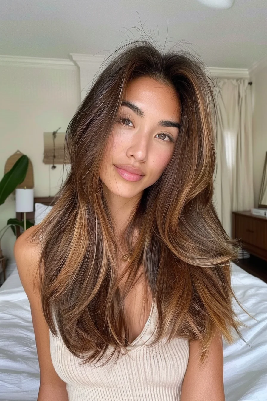 Soft layers and blended caramel highlights create a warm, sunlit effect that’s perfect for transitioning into fall. The feathered ends add movement, while the dimensional color keeps the look fresh and vibrant, complementing any autumn outfit effortlessly.