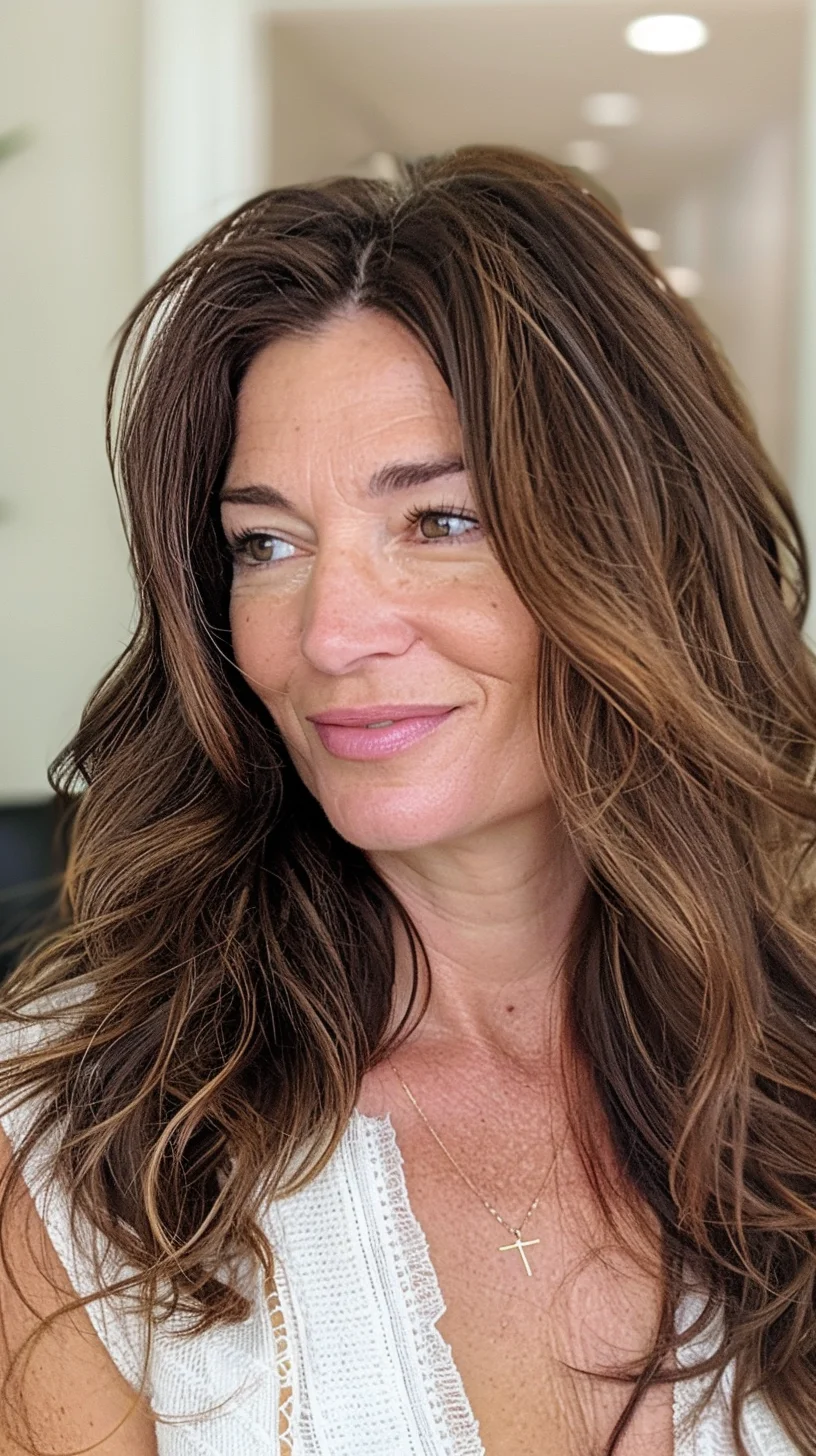 This look combines dark brunette with subtle highlights that catch the light just right. The voluminous, loose waves bring a youthful bounce, while the understated color keeps things natural and grounded, making it a go-to choice for a low-maintenance yet stylish update.