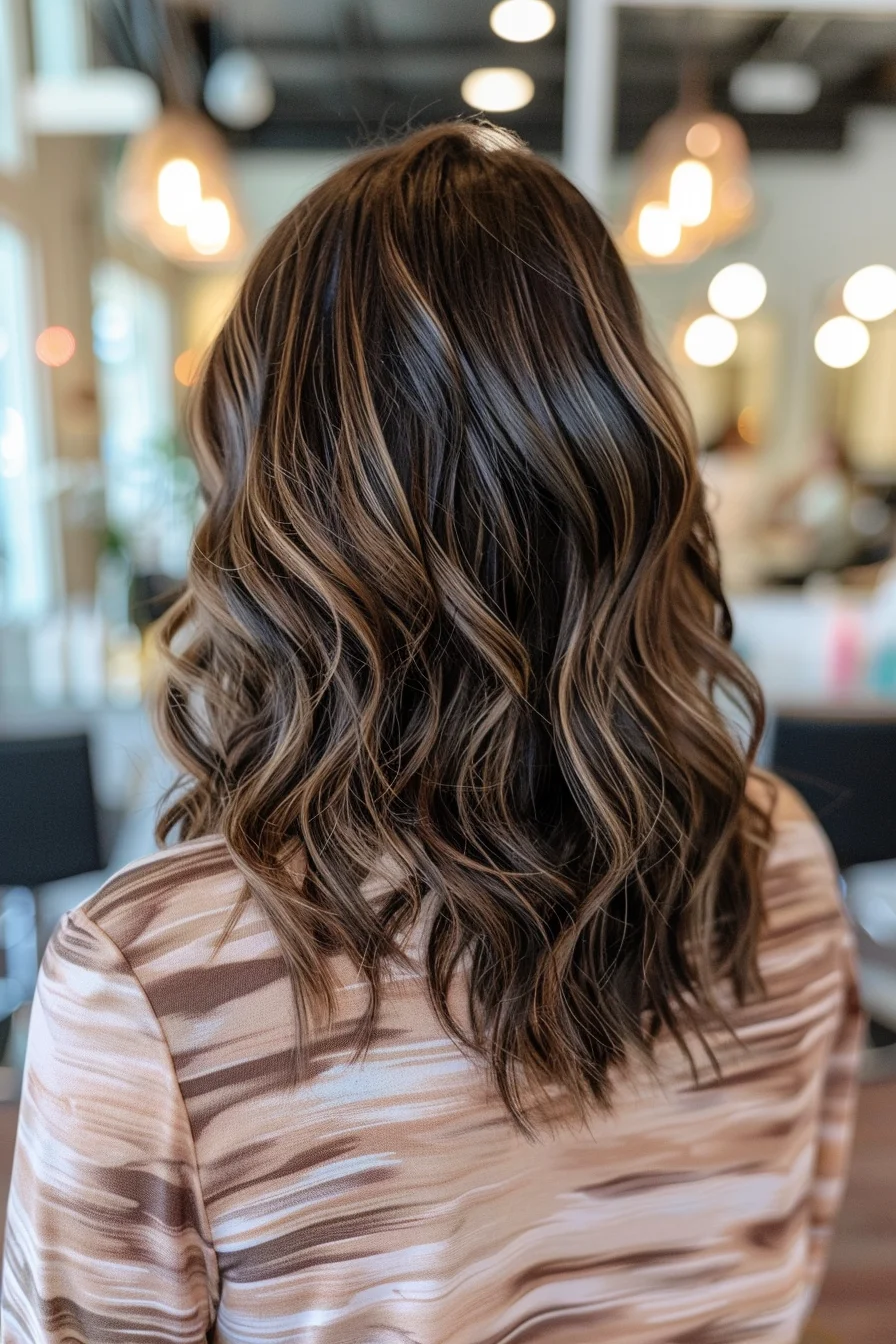Perfect for a chic, everyday style, these soft curls on a medium-length cut are enhanced by understated chestnut highlights. The color adds a gentle lift to the rich brunette base, creating a sophisticated yet approachable look that suits the cozy fall season.
