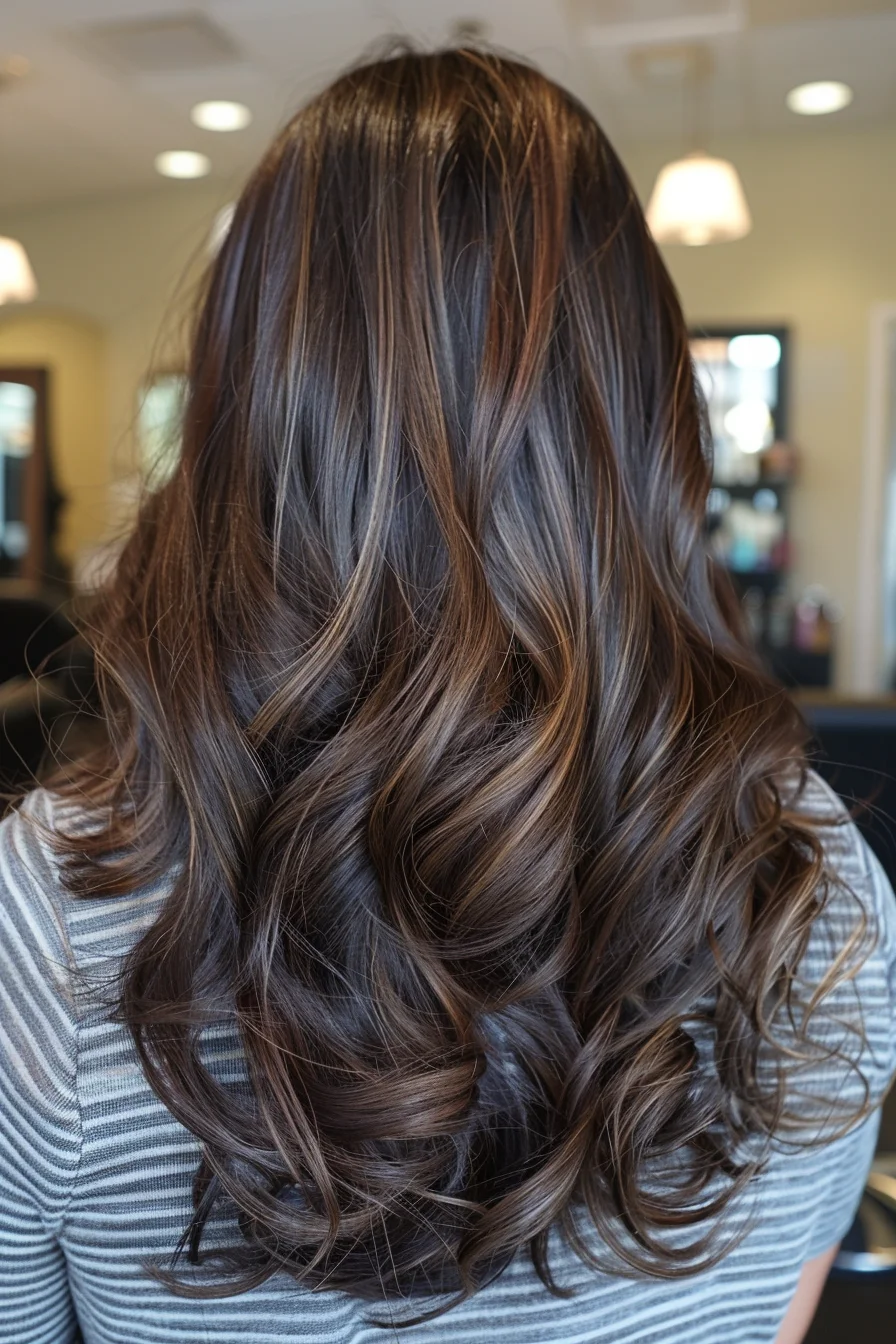 Dark chocolate brown with warm, rich undertones brings depth and shine to this mid-length cut. The cascading waves flow seamlessly, adding texture and volume, while the subtly lighter ends create a delicate, face-brightening effect that’s perfect for autumn.
