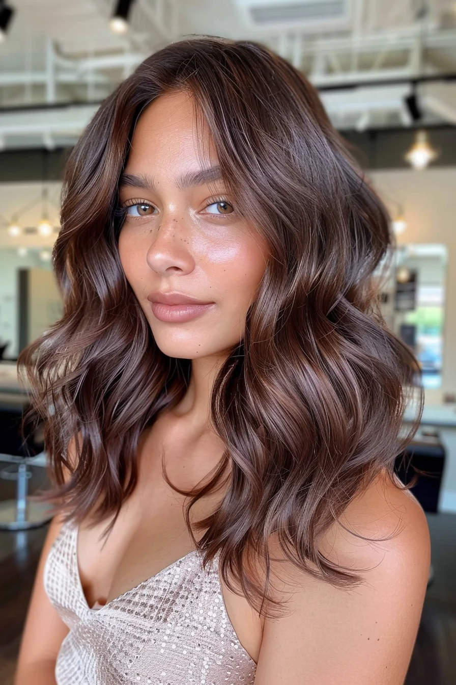 Luscious, voluminous curls are paired with a deep brunette hue and subtle, cool-toned balayage highlights. This combination gives the hair a multi-dimensional effect, enhancing its natural shine and bounce, making it a standout style for the season.
