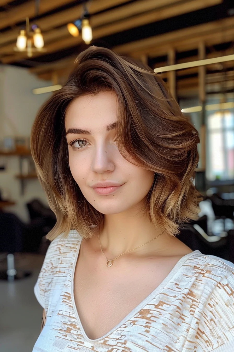 A modern take on the classic bob, this look features soft, tousled waves and a deep espresso base with subtle caramel accents. The slightly tousled finish adds a playful touch, while the warm tones keep the look grounded and seasonally appropriate.