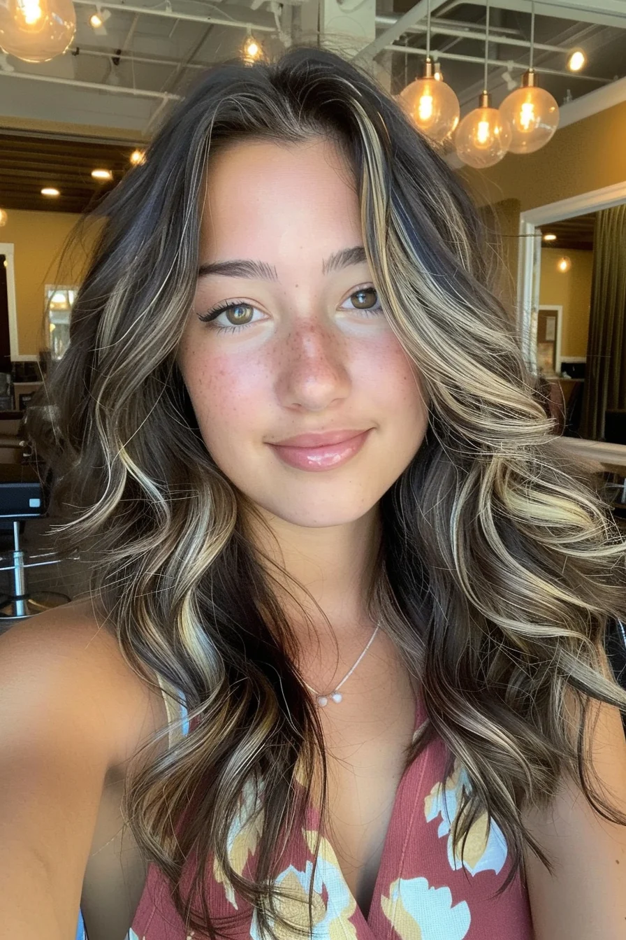 Golden caramel highlights streak through a dark brunette base, illuminating the face with a sun-kissed effect even in cooler months. Loose waves add a touch of movement, enhancing the dimension of the highlights and giving the hair a vibrant, fresh appearance.