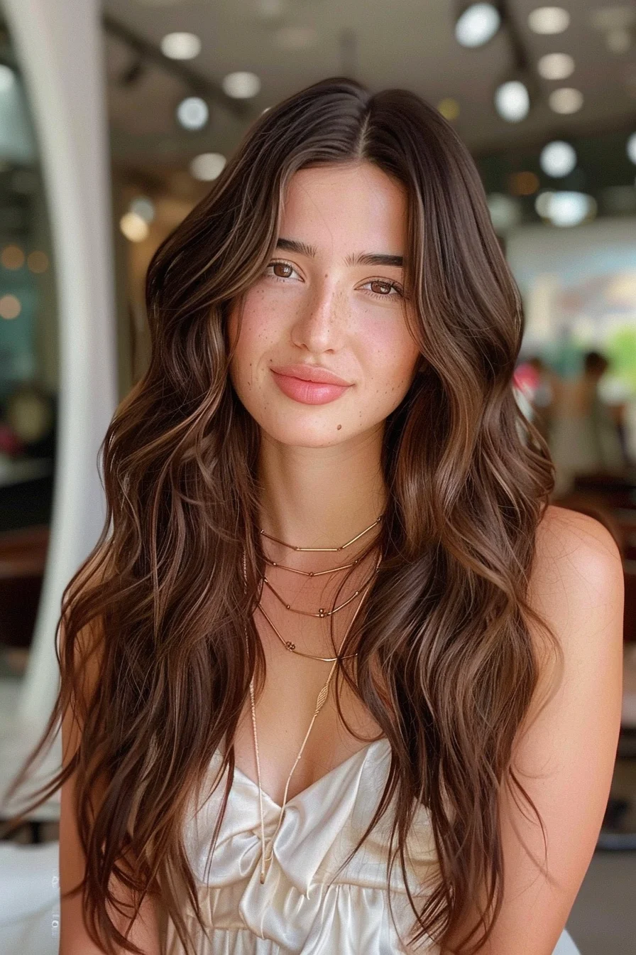 Long, flowing waves in a deep chestnut brown add a touch of effortless glam to this fall hairstyle. The natural shine enhances the hair’s texture, while the soft waves frame the face beautifully, creating a look that’s both relaxed and polished.