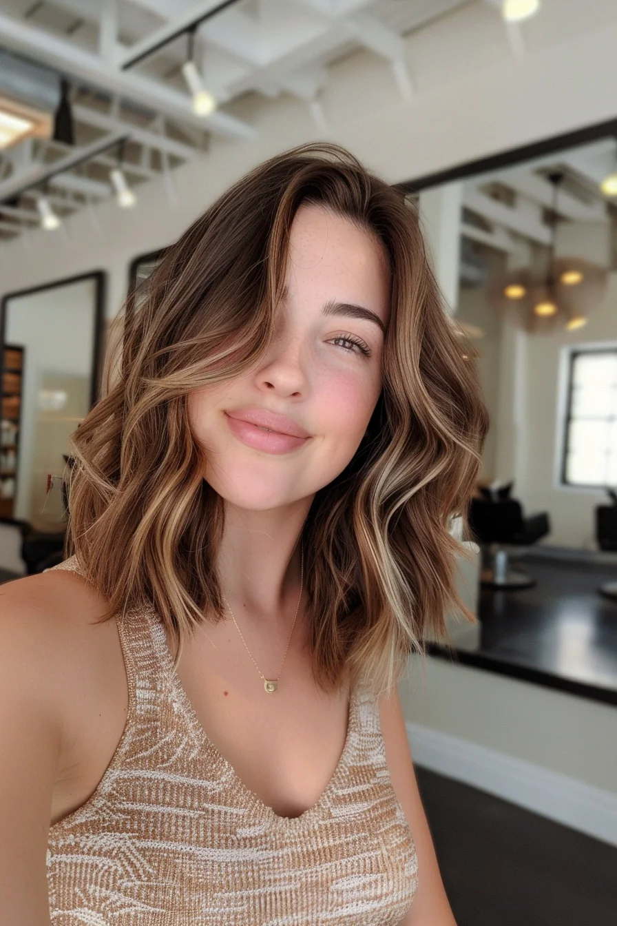 A shoulder-length bob with a mix of warm caramel and cool blonde highlights brings modern sophistication to the classic cut. The loose, voluminous waves add bounce and texture, making this a versatile and chic choice for the autumn season.