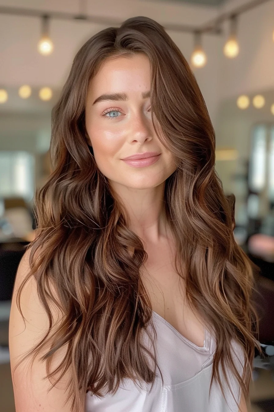 Rich brunette waves cascade with a luxurious shine, complemented by subtle, cool-toned highlights that add depth and dimension. The long layers create movement, making this style perfect for those who love a classic yet trendy fall look.