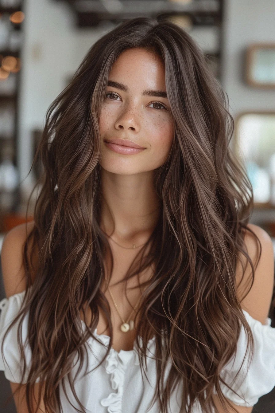 Embracing natural texture, this style features soft, tousled waves in a medium ash brown hue. The face-framing layers and loose, effortless curls give off an easy-going vibe, making it the ultimate go-to look for a casual autumn day out.