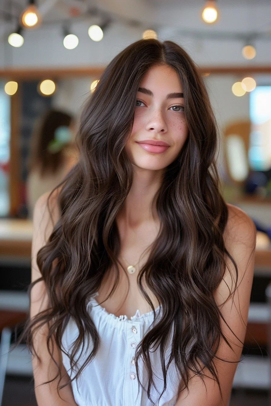 Deep chocolate waves fall effortlessly with just a hint of sun-kissed highlights peeking through. This look exudes a natural, laid-back charm while still feeling put-together, making it a beautiful option for anyone seeking understated elegance this season.