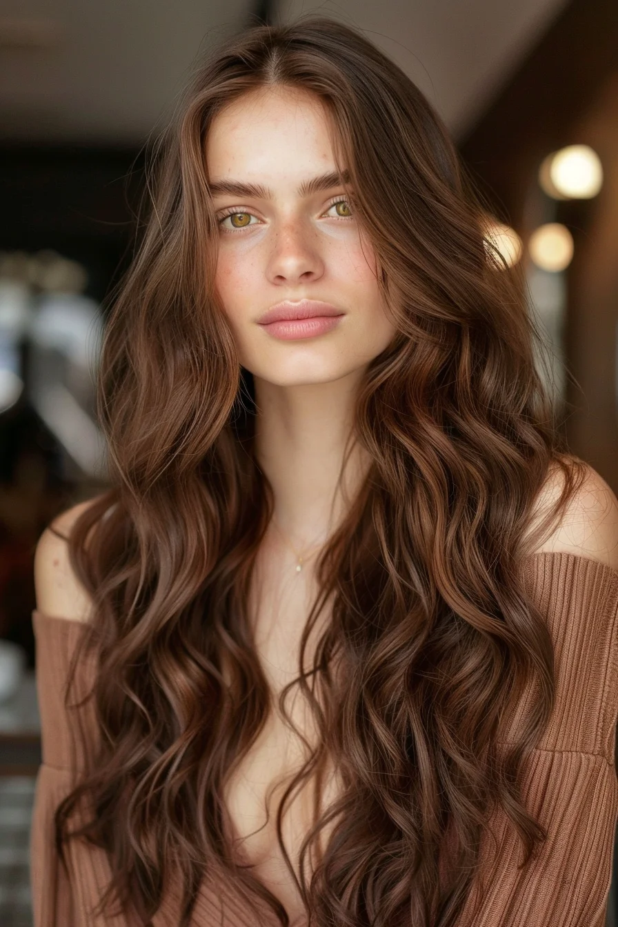 Luxurious and full of body, these soft curls in a warm walnut shade bring a rich, dimensional effect to the hair. The mid-length cut keeps it youthful and fresh, while the subtle highlights add just the right amount of brightness, perfect for a fall refresh.