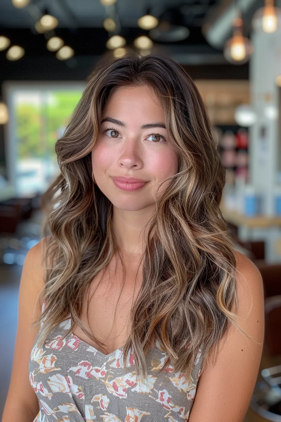 The model has soft, voluminous waves cascading down, creating a textured look. Her hair is primarily medium brown with subtle highlights that add depth and dimension, particularly around the face, enhancing her natural features.