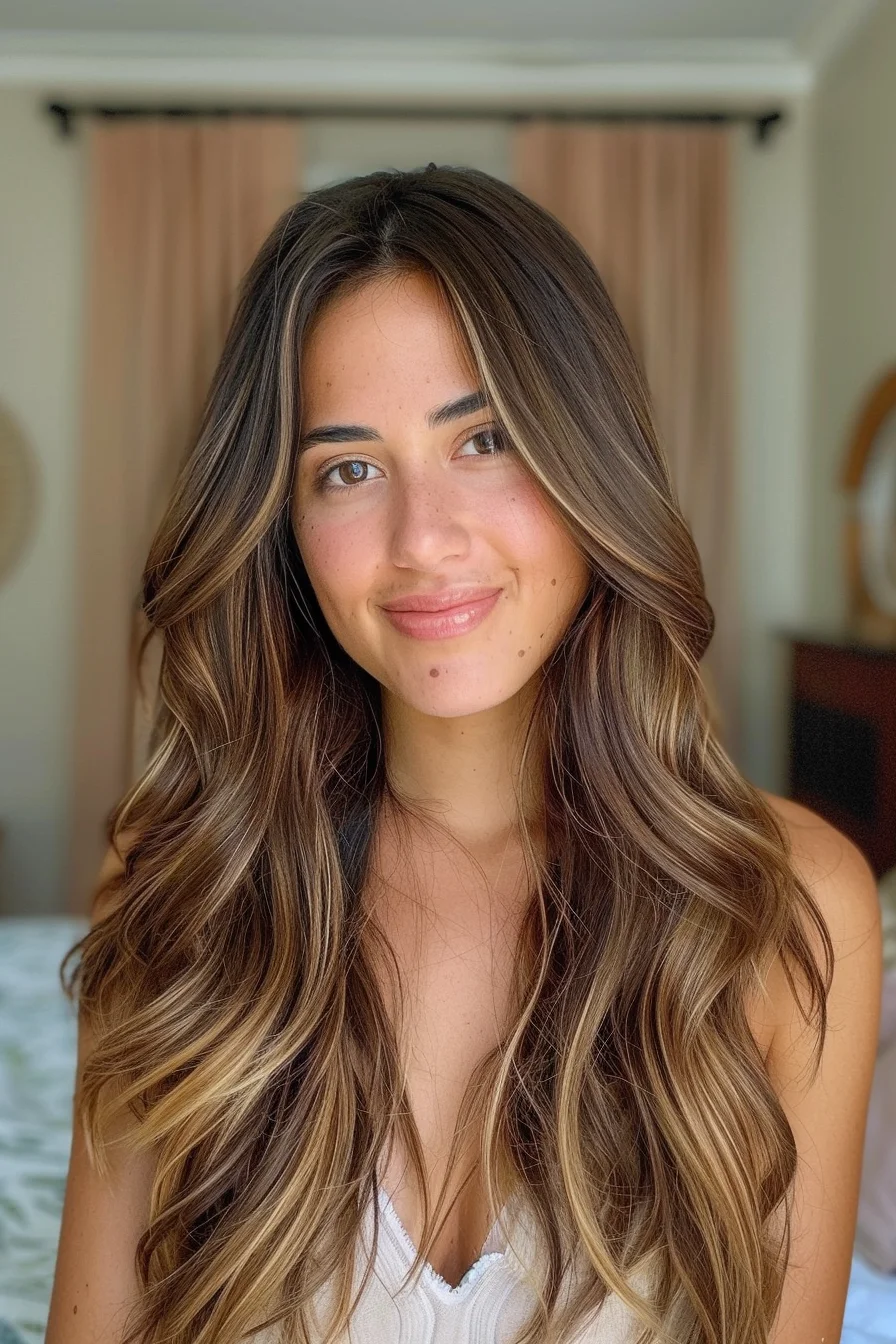 This hairstyle features a blend of darker roots transitioning into lighter ends. The color gradient goes from a dark chocolate brown to a warm caramel tone, creating a sun-kissed effect. The hair is styled in loose, flowing waves, giving it a natural and effortless appearance.