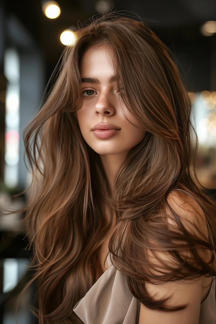 The model's hair is a rich, chocolate brown with warm undertones. It is styled in voluminous waves with a lot of body, and the hair falls gracefully over the shoulders. The overall look is soft and elegant, perfect for an autumnal vibe.