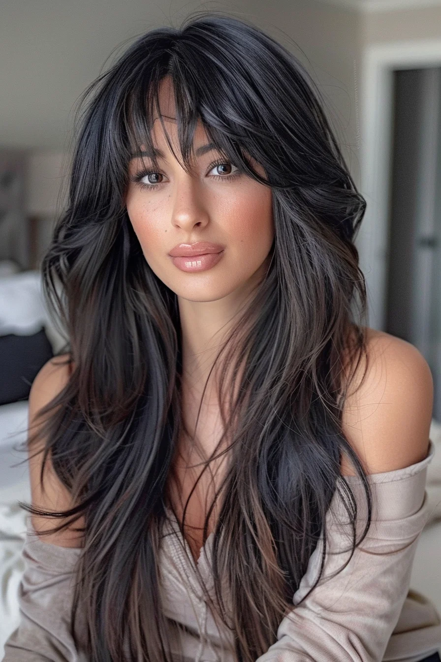 Featuring a darker brunette shade, this hairstyle is complemented with layers that frame the face beautifully. The hair is styled in soft, cascading waves that enhance the natural shine and texture, making the hair appear fuller and more voluminous.