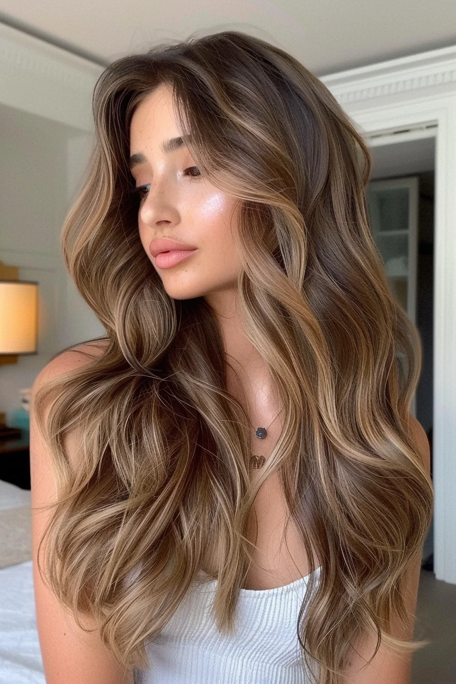 Blended tones of warm honey and deep chestnut flow seamlessly together, creating a soft ombre effect that screams autumnal charm. The long, loose curls give a natural bounce, while the lighter ends provide a soft glow that complements the fall foliage.