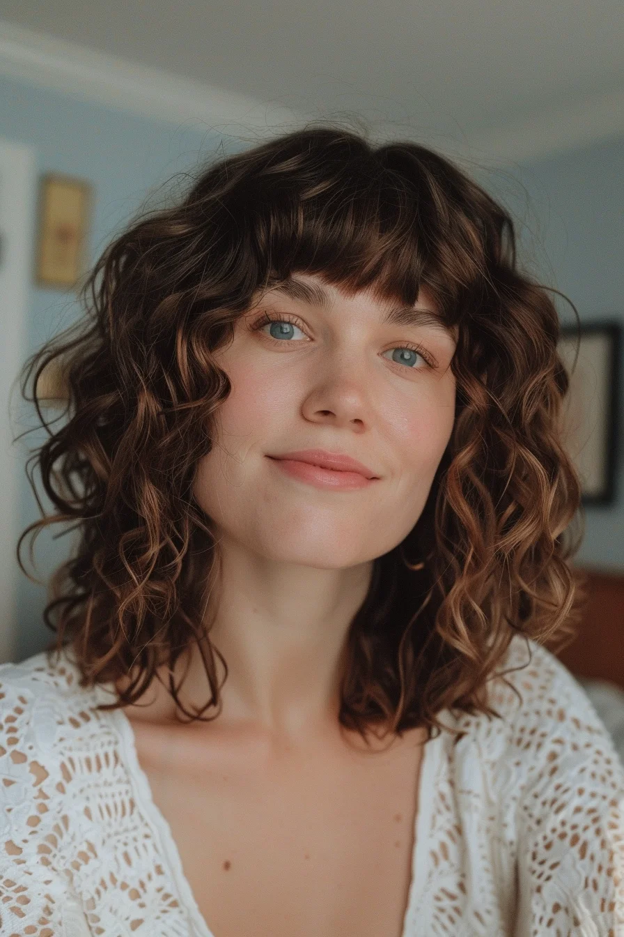This look showcases a deep espresso hue with subtle highlights peeking through the layers. The hair is styled in loose waves that flow naturally, with a soft fringe that frames the face gently, adding a playful touch to the overall sophisticated style.