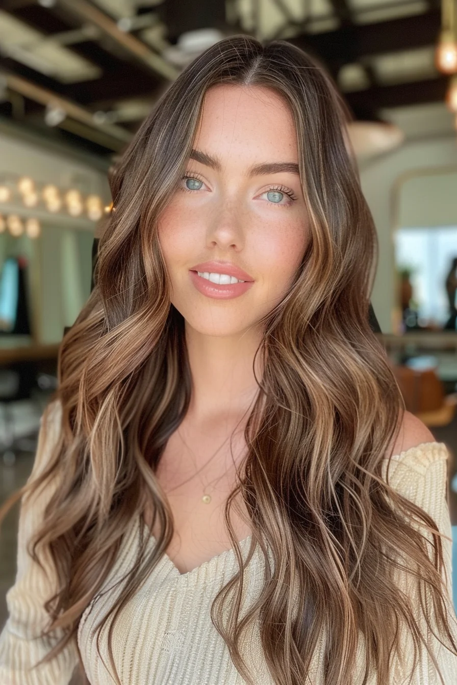 The model's hair is a deep chestnut brown with lighter, golden brown streaks that add a soft contrast. Styled in gentle, beachy waves, the hair has a relaxed and casual look, perfect for a laid-back autumn day.