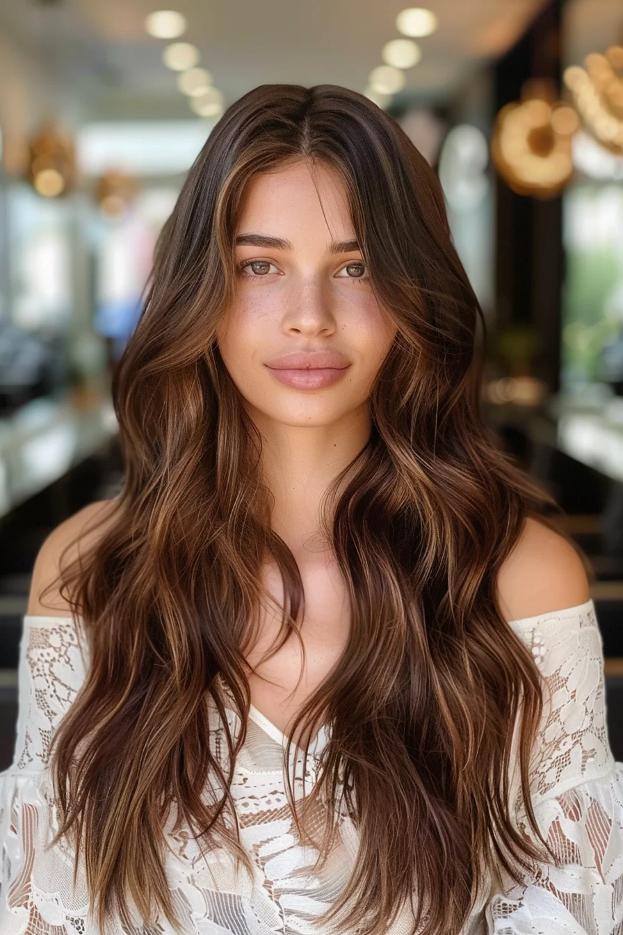 A long, voluminous brunette hair with soft waves and a subtle balayage effect. The hair color blends warm, chestnut tones with lighter caramel highlights, adding depth and dimension. The style features loose, cascading waves that frame the face beautifully, enhancing the natural texture and movement.