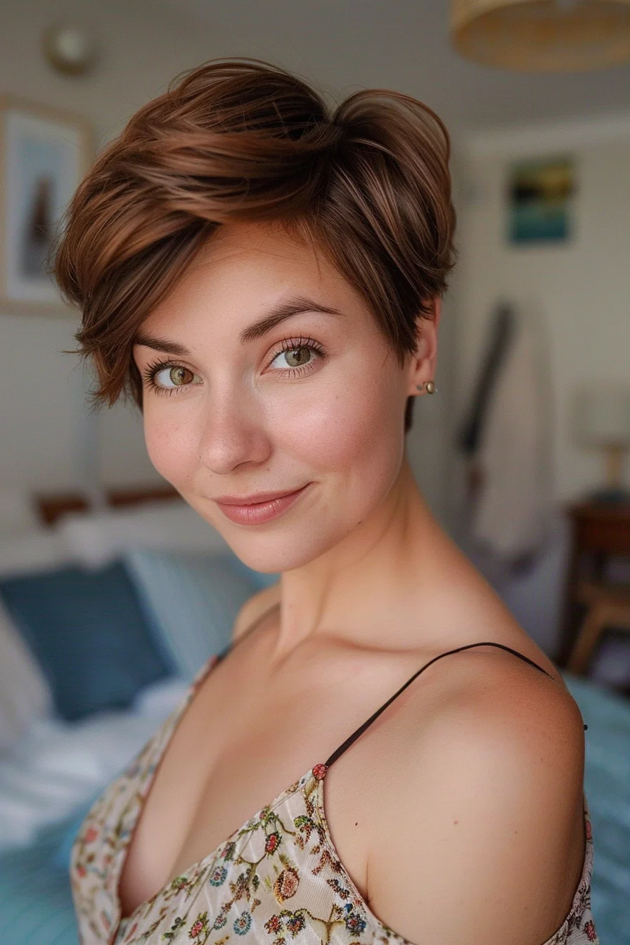 A short pixie cut is highlighted, featuring a rich, chestnut brown color. The cut is modern and sleek, with soft layers that add volume and texture. This look emphasizes simplicity and elegance, perfect for a chic, low-maintenance style with a touch of boldness.