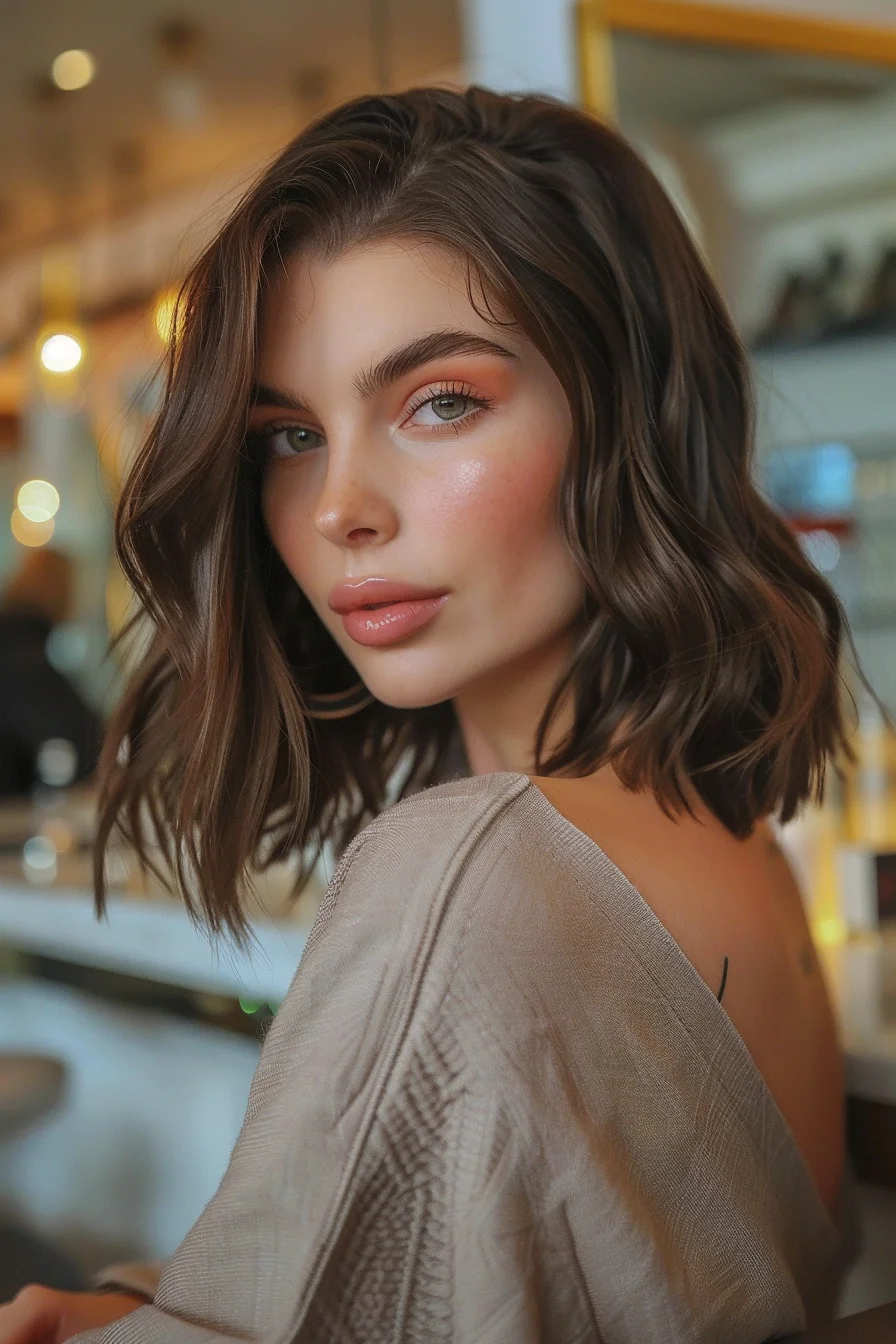 A shoulder-length bob styled with gentle waves and a deep chocolate brown shade. The hair has a glossy finish with a subtle transition to lighter ends, giving a sun-kissed effect. This style exudes a soft, romantic vibe, making it ideal for those who prefer a medium length with versatile styling options.