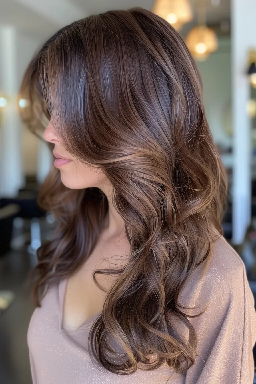 This style features a side profile of medium-length, soft waves in a cool-toned, medium brown shade. The hair has a silky texture and subtle highlights that add a hint of lightness around the face. The style is polished yet relaxed, perfect for a sophisticated, everyday look that is easy to maintain.