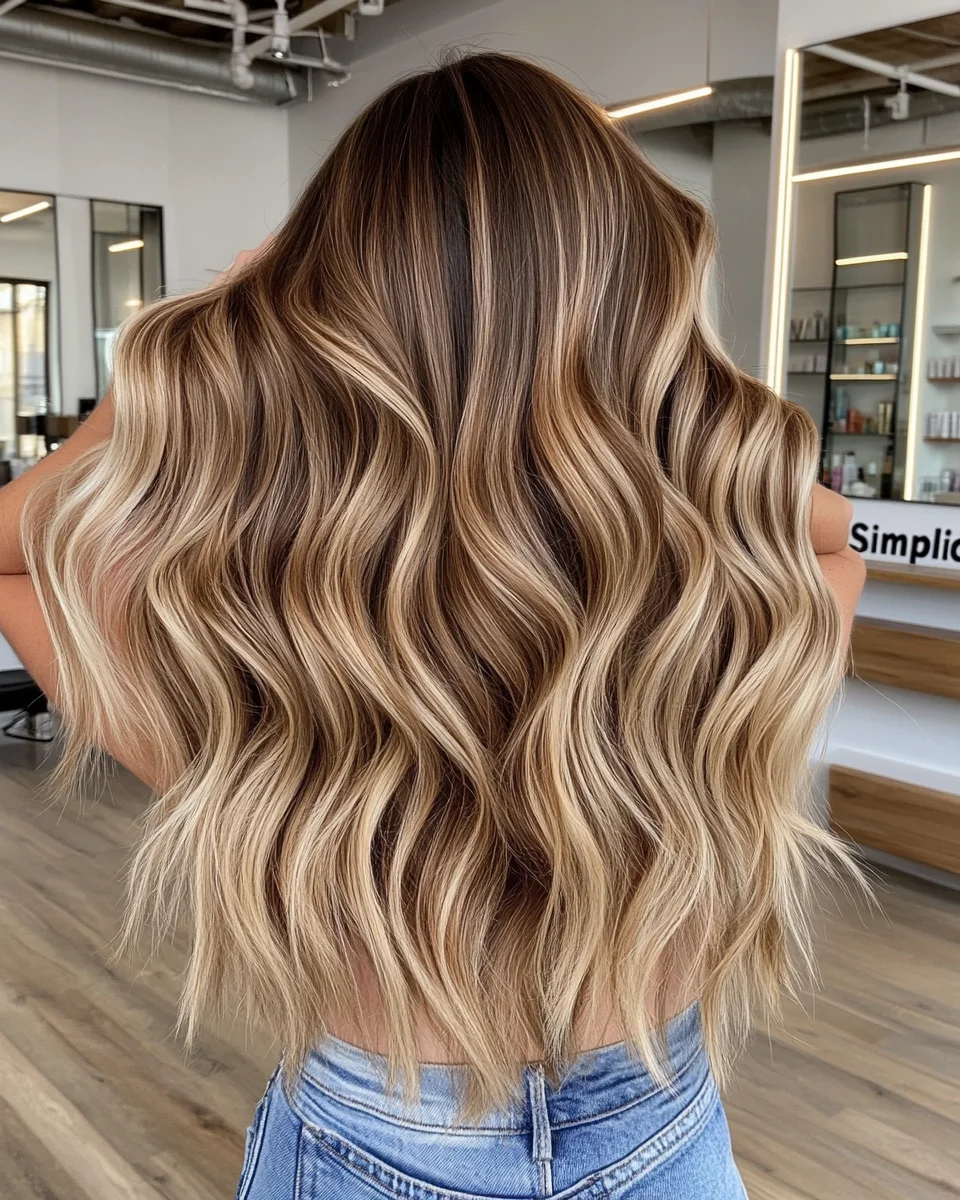 A harmonious mix of ash brown and platinum blonde balayage delivers a striking contrast against the darker roots. The cascading waves amplify the color transitions, adding depth and drama to the look, making it perfect for those who want to stand out this season.