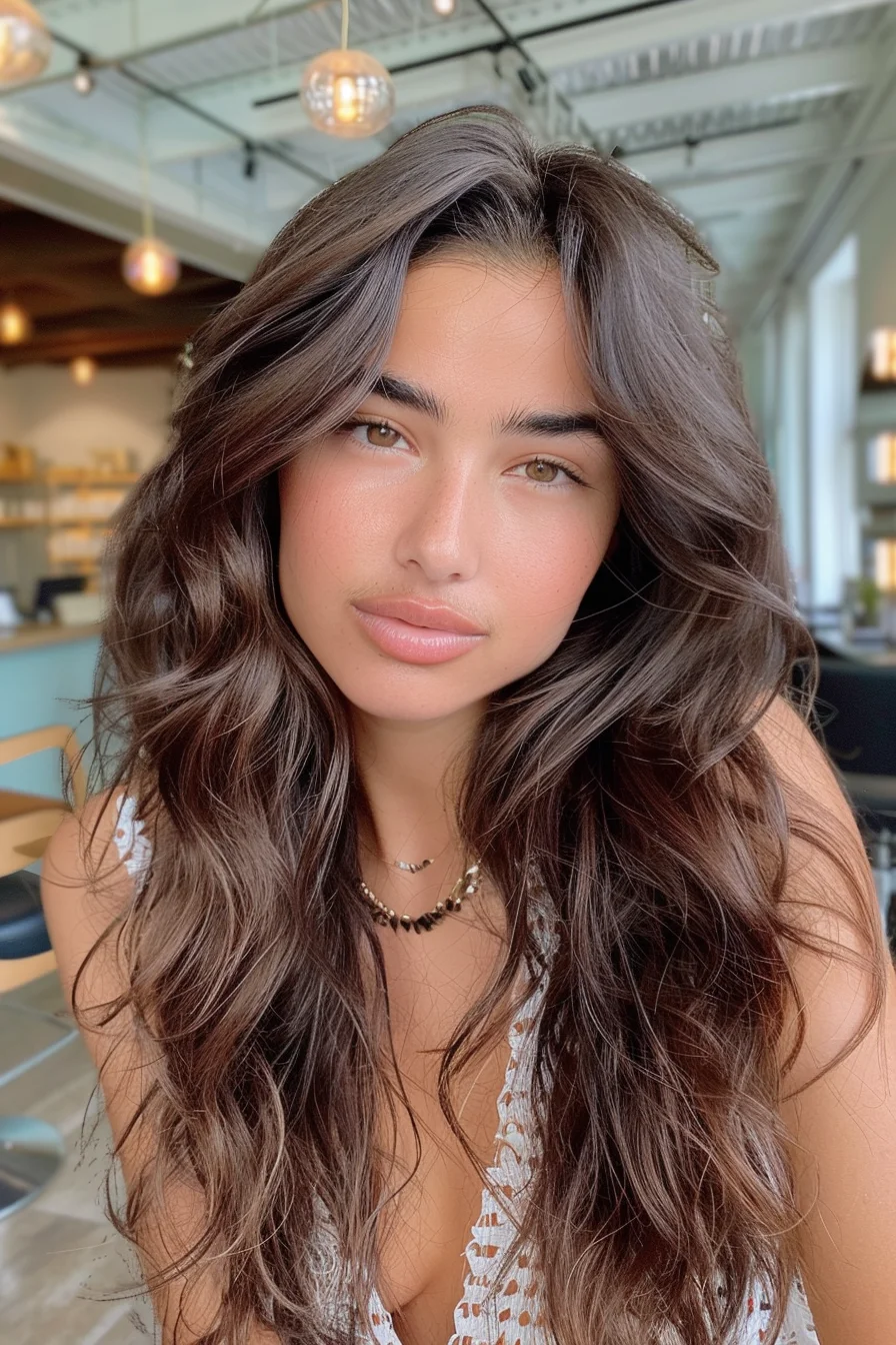 Soft, face-framing layers in a muted mocha shade bring effortless style to long brunette hair. The gentle waves add volume and texture, making the hair look fuller while keeping a natural, carefree vibe that’s perfect for a laid-back fall aesthetic.