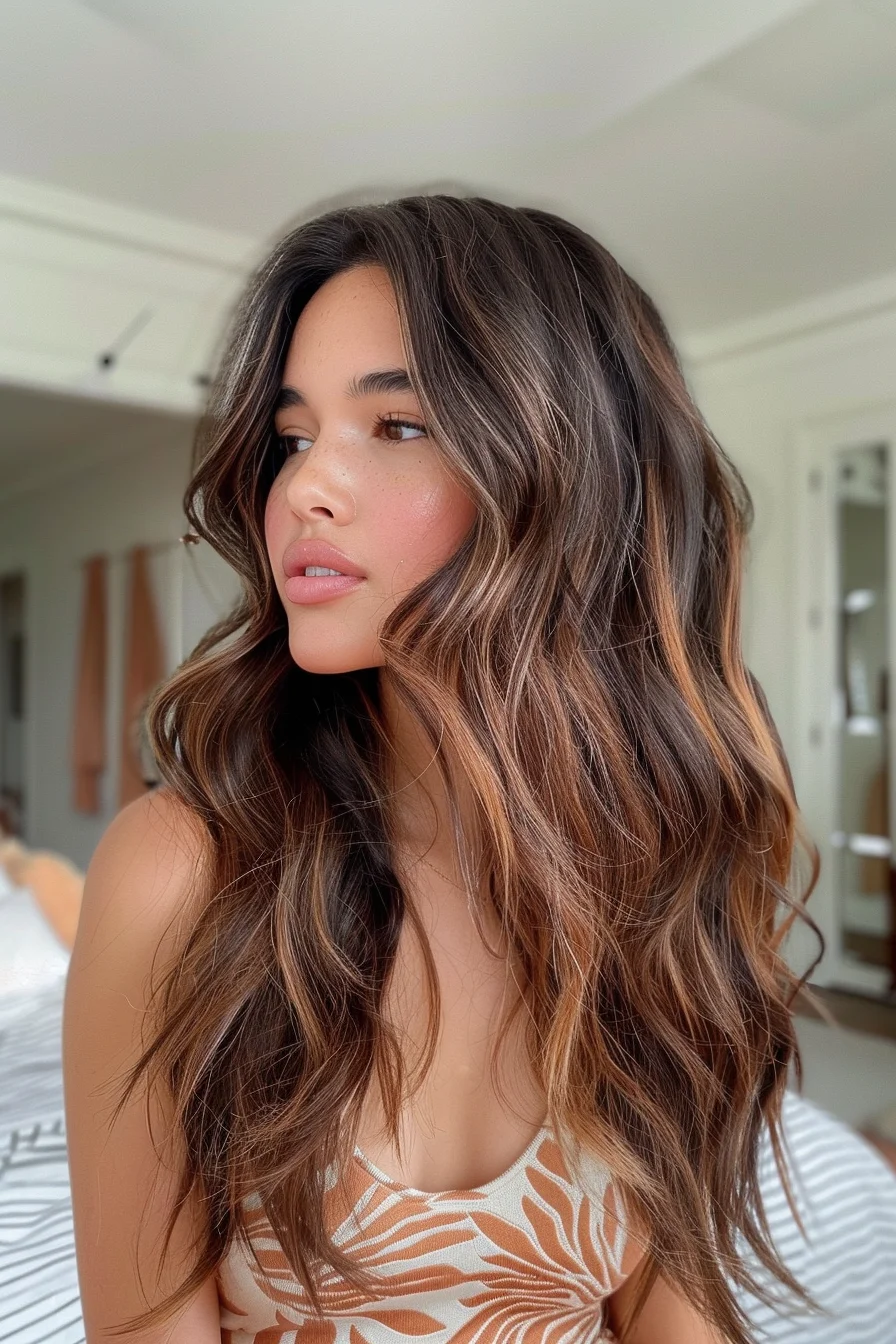 Subtle cinnamon tones weave through a rich espresso base, adding just the right amount of warmth to this brunette hairstyle. The tousled waves create a relaxed, slightly undone look that’s effortlessly stylish, perfect for embracing the cozy season.